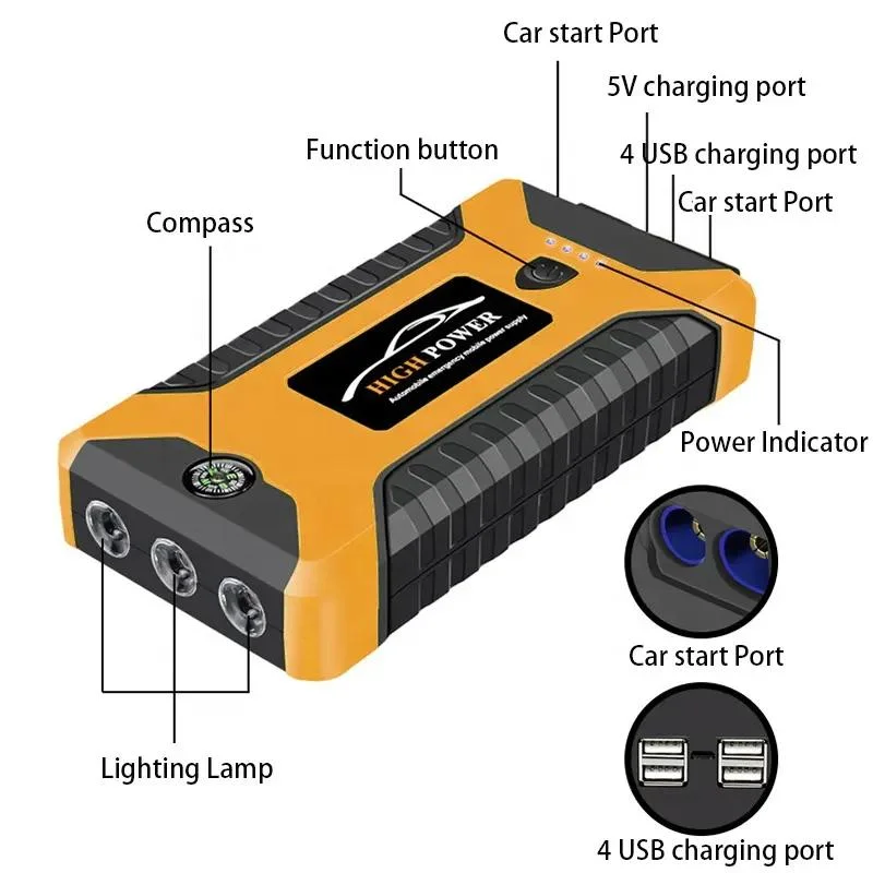 12 V, motor de arranque auxiliar de automóvel, ferramenta de emergência multifunções com lâmpada Sos Carregador de bateria para automóvel. Arranque com bateria auxiliar