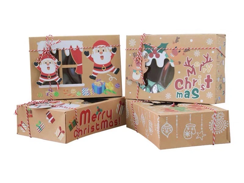 Caixa de papel personalizada Kraft de Natal com Clear Window Xmas Candy Sobremesa bolachas doces biscoitos caixas de oferta de papelão Cupcake caixas de papelão