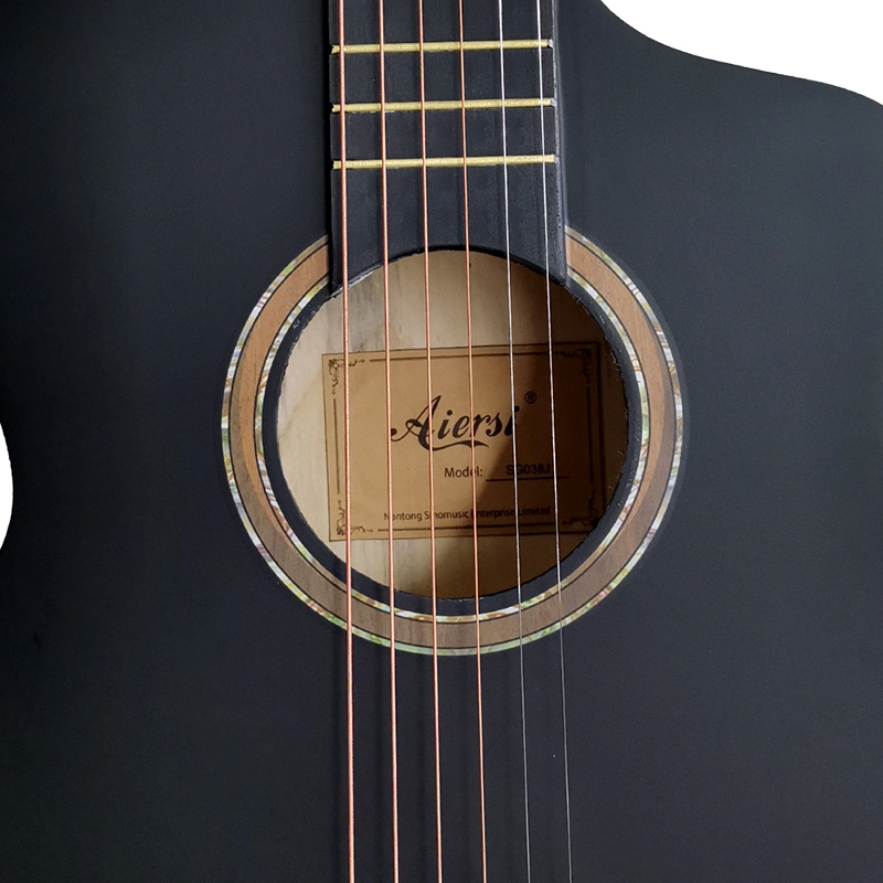 Aiersi fábrica de la marca de pequeño tamaño, color negro nueva cadena de acero de Basswood Guitarra acústica