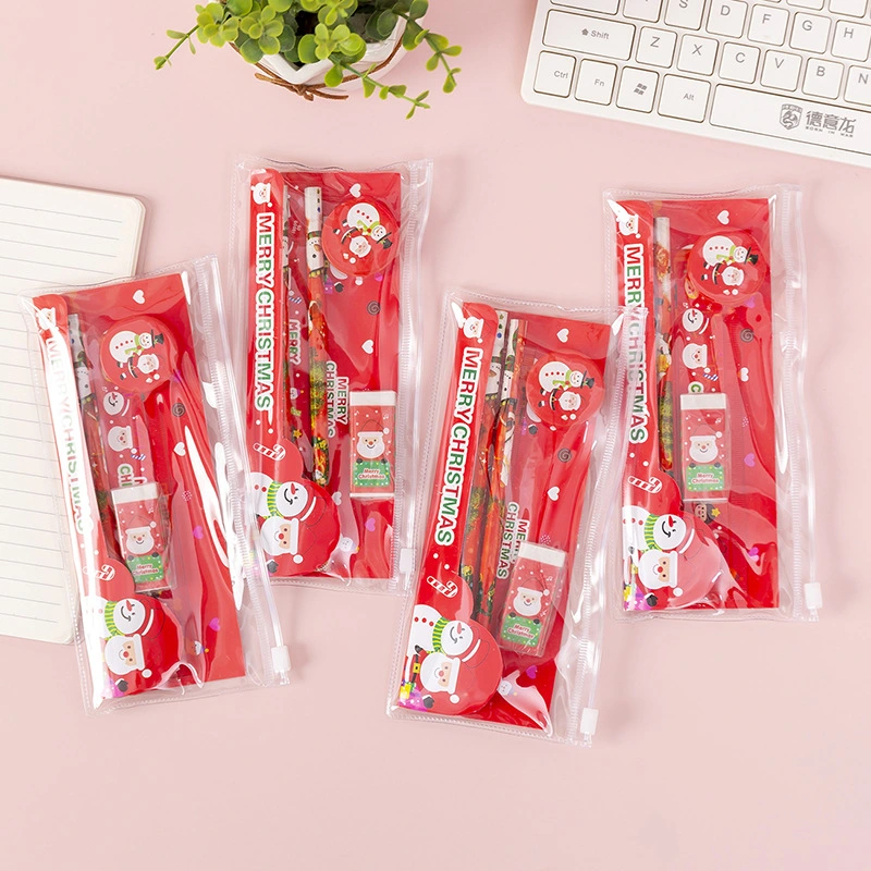 Christmas Stationery Set Pencil Eraser Sharpener Ruler Pull Side Bag Student Stationery