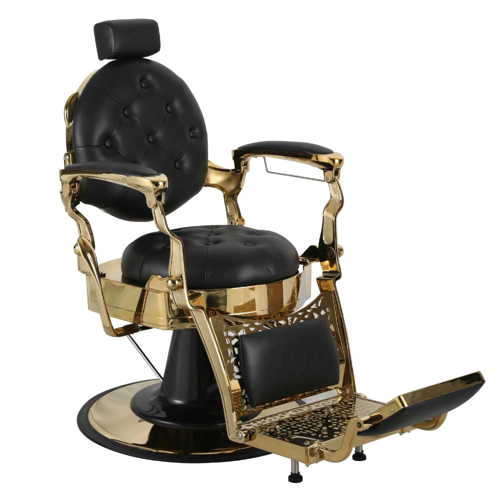Chaise de barbier pivotante rétro noire et dorée confortable pour salon de coiffure