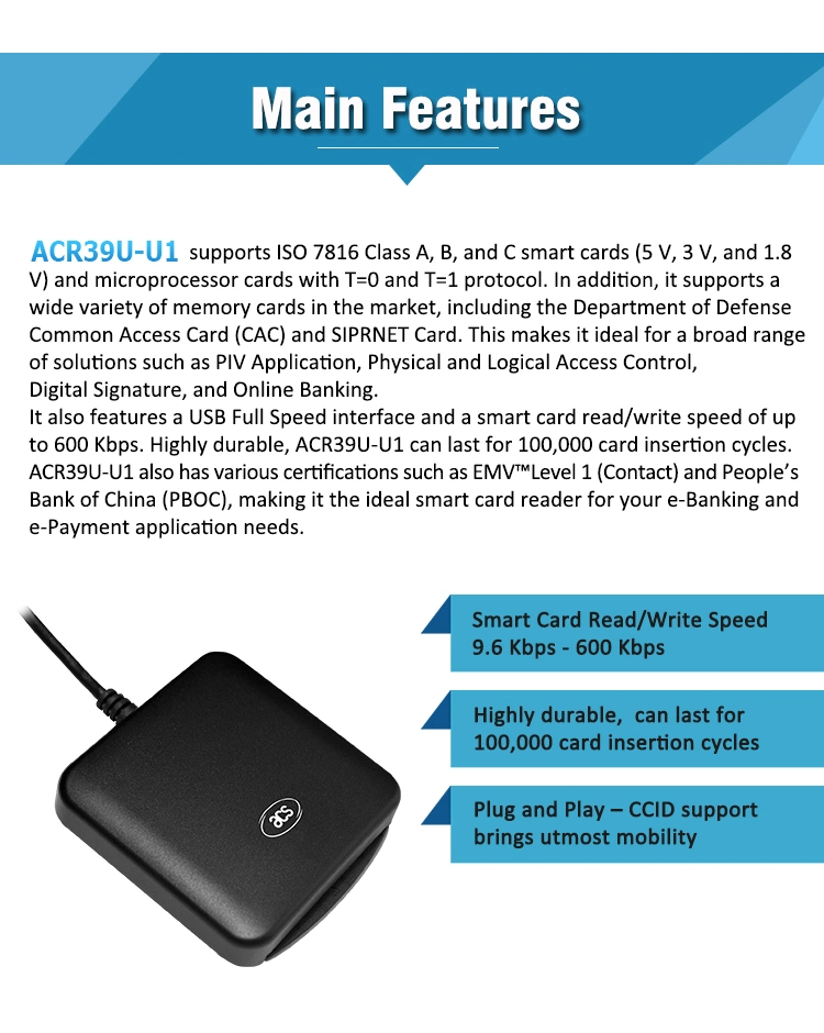 ISO 7816 Portable USB lecteur de carte à puce EMV IC pour PC de l'ACR39U-U1