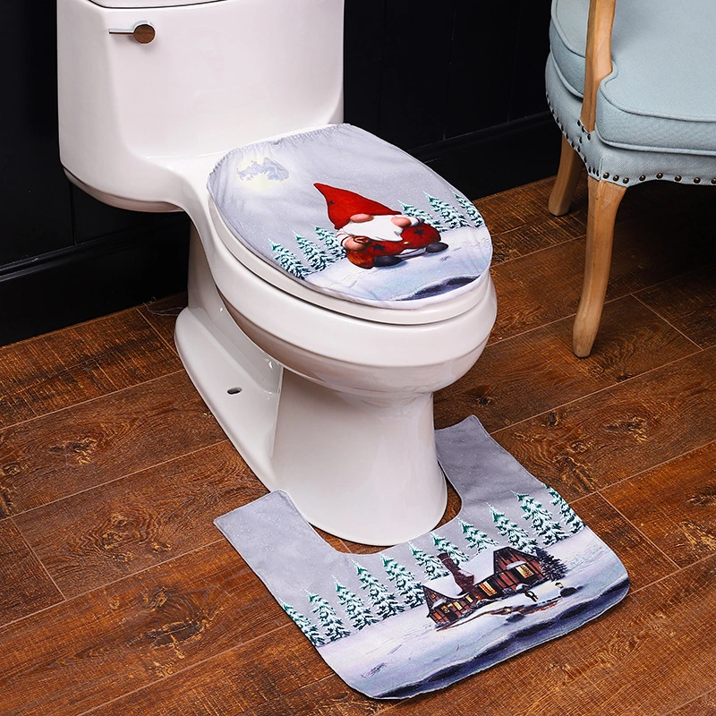 2 PCS Christmas Dwarf Santa Toilet Seat Mat and Anti Slip Bathroom Mat Green and Blue Bathroom Xmas Decoration for Home Hotel Party