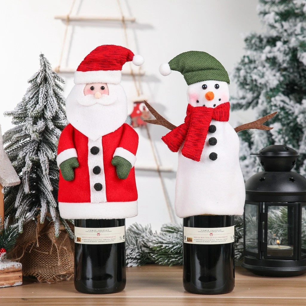 Flannel Christmas Table Decoration Santa/ Snowman Wine Bottle Set Festive Decoration.