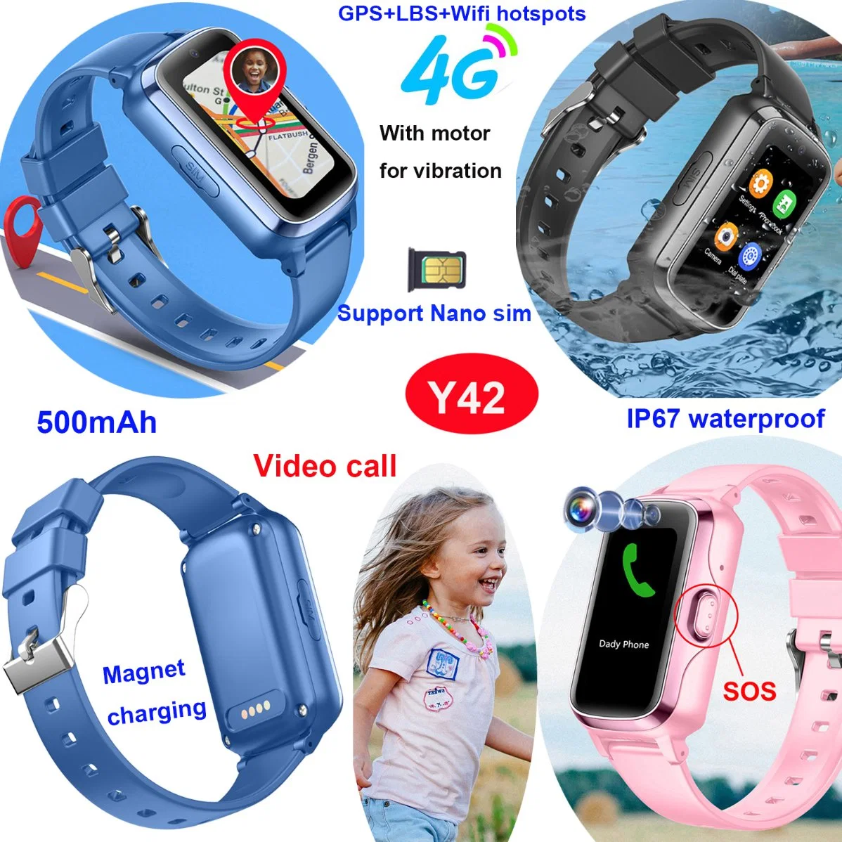 China suprimento de fábrica o controlo parental LTE chamada de vídeo Kids Criança wearable Rastreamento por GPS device com motor para vibração cerca limitadora geo alert Y42