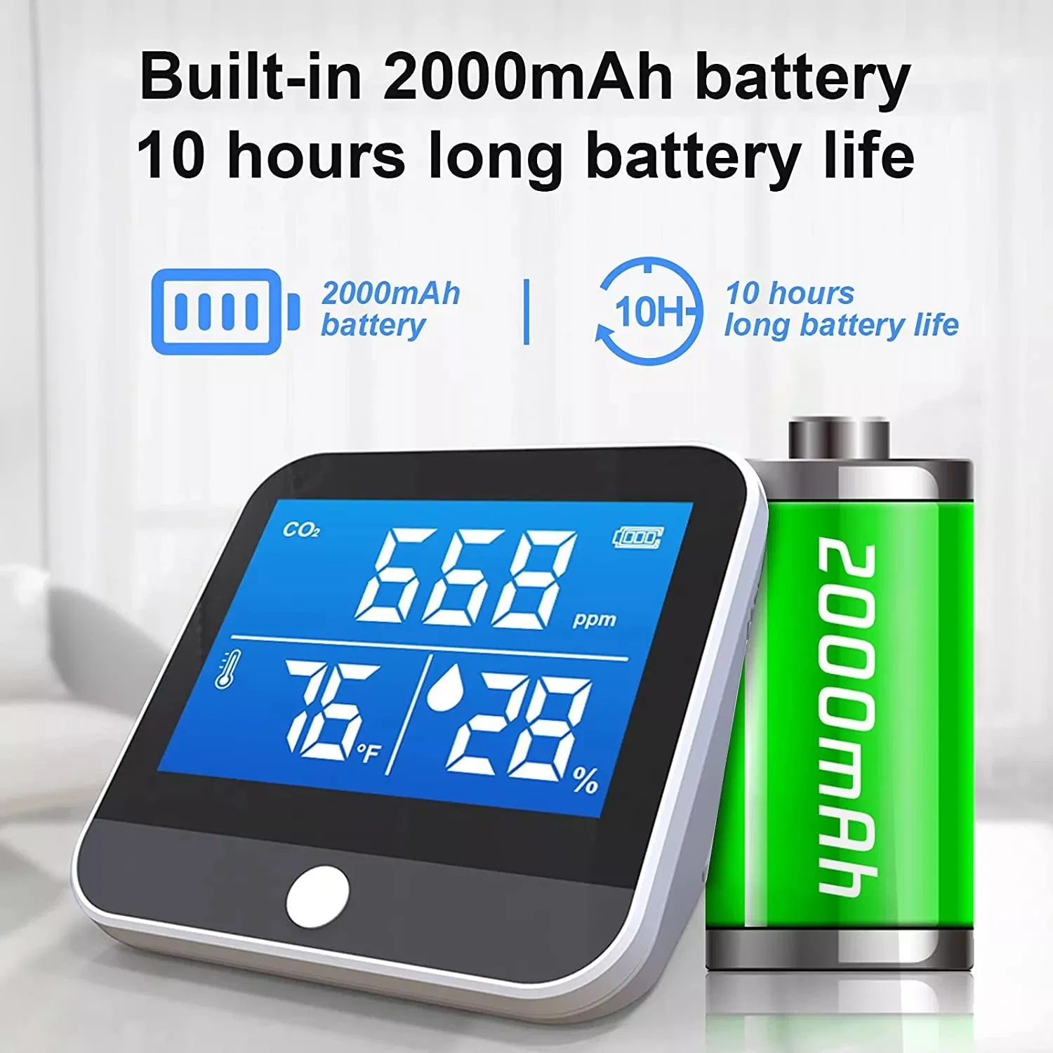 Mini Carbon Dioxide Meter with Alarm Function Ndir Sensor Rechargeable CO2 Temperature and Humidity Detector