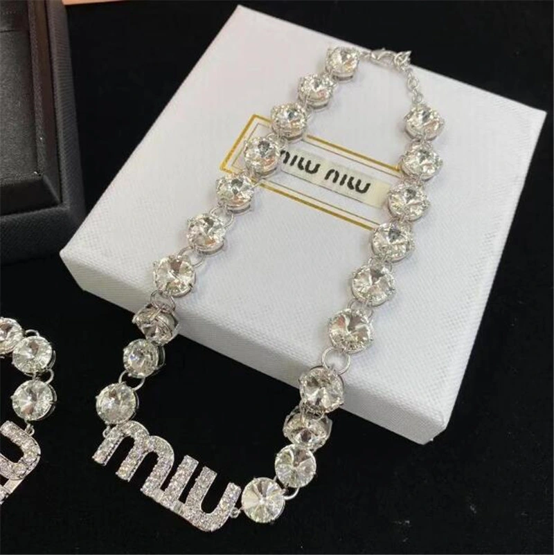 Luxury Full Diamond Party Clavicle Chain Necklace Bracelet Flash Rhinestone Necklace Bracelet Set Wedding Dress Jewelry Accessories