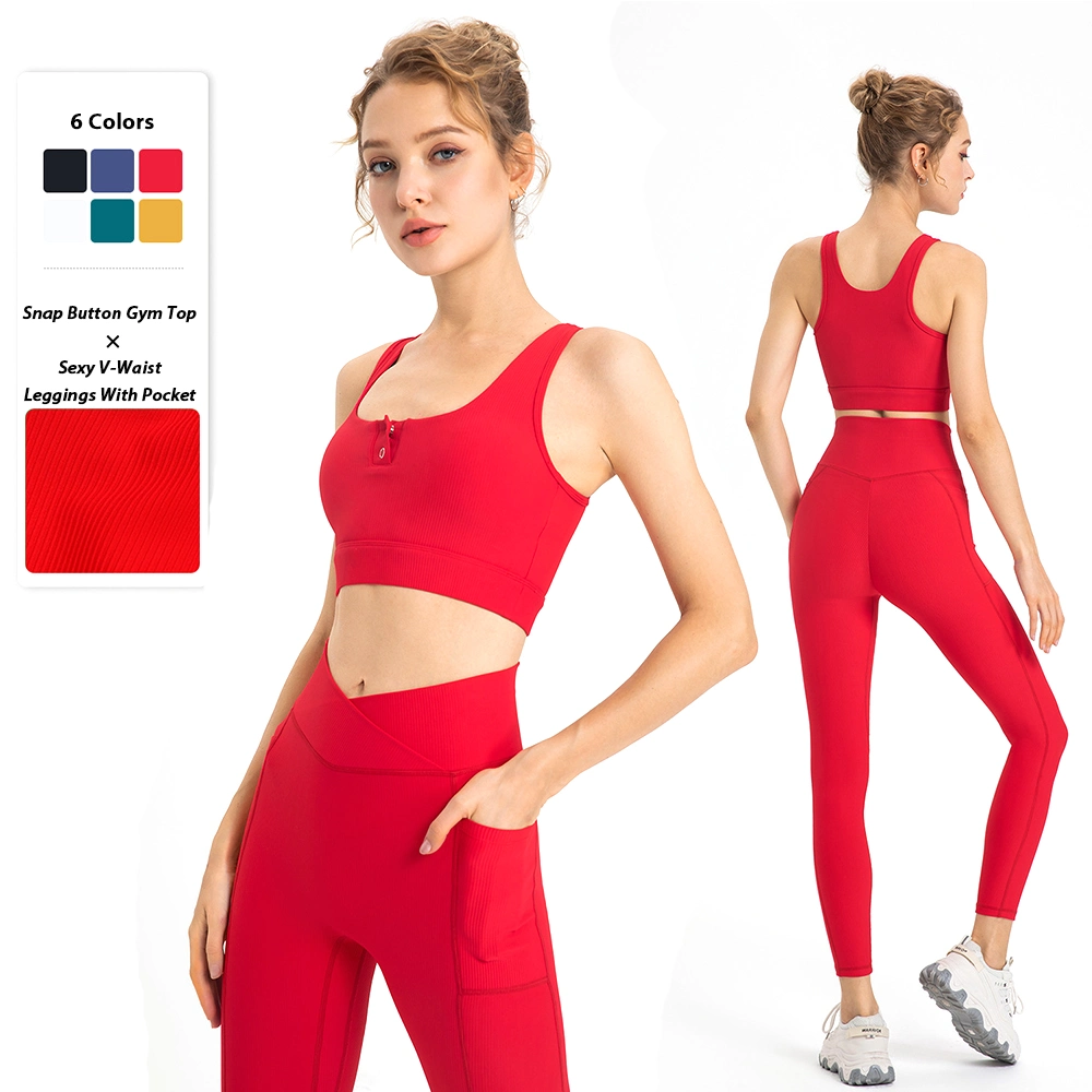 2PCS Hyperflex Ribbed Ropa De Yoga Athletic Set Sportswear for Women, Custom Sports Bra with Snap Button + Cross Waist Leggings Gym Running Exercise Clothing