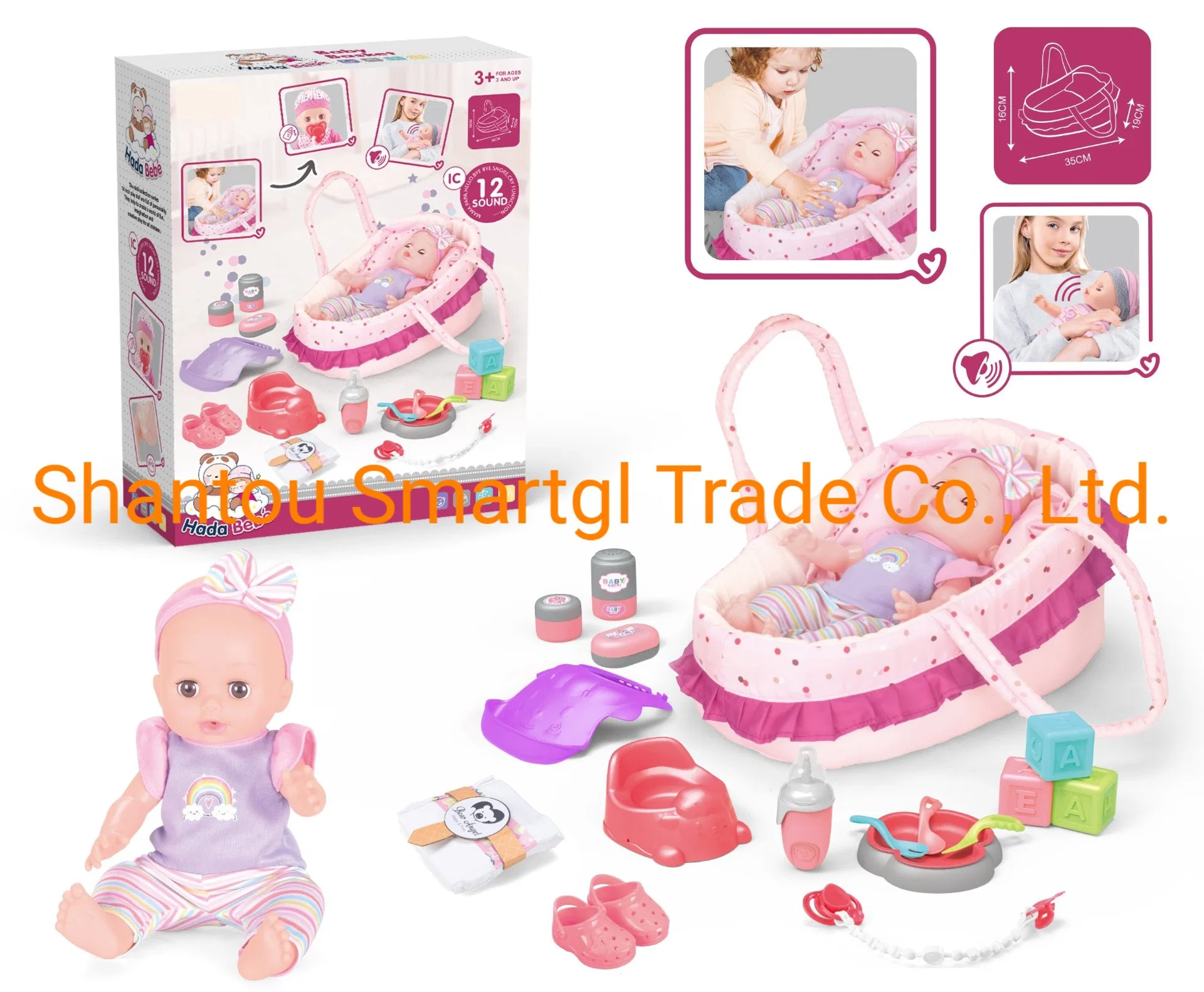 14" 12 sonidos Toy Baby Doll con cesta de la mano juego de juego