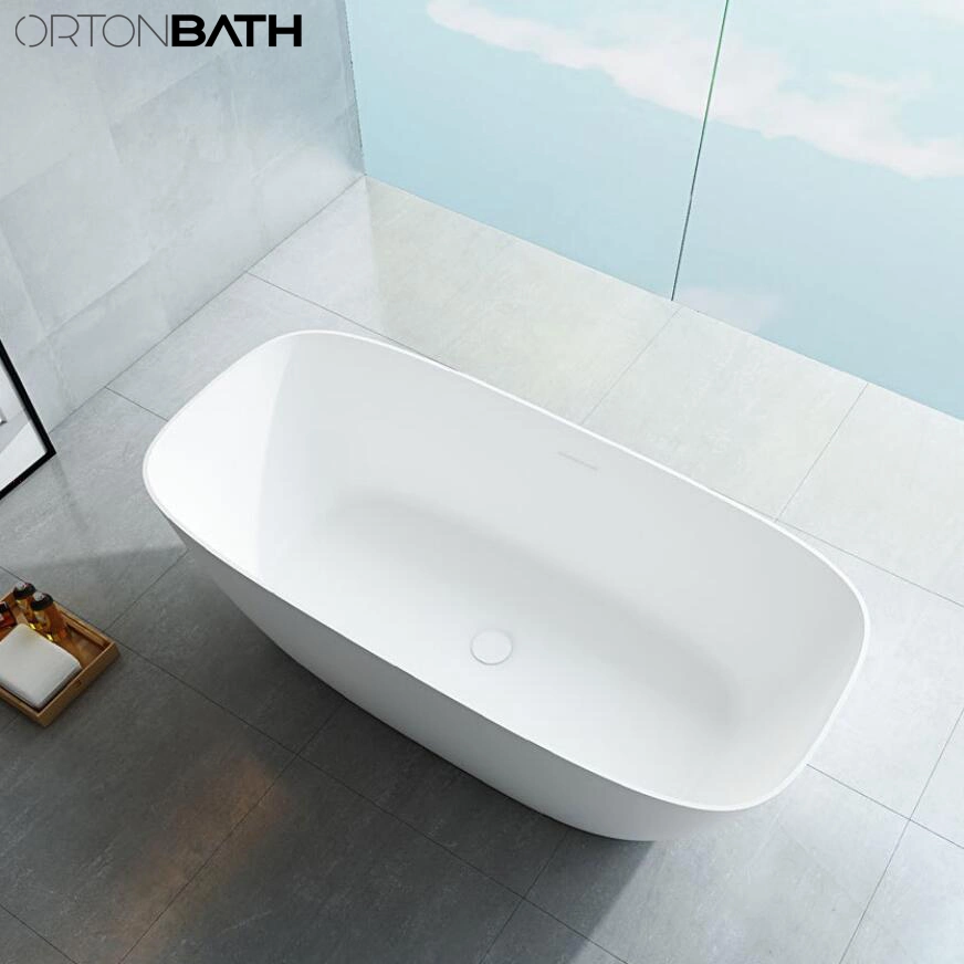 Ortonbath Oval Oliver Shape Irregular Shape Large Adult Bathroom Tub Acrylic Solid Surface Bathtub Freestanding Deep Soaking Bathtub with Center Drain Overflow