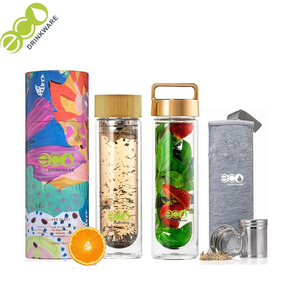 Ga6000 Neues BPA Free 500ml Bamboo Deckel doppelwandiges Glas Kaffeebecher Großhandel/Lieferant Custom Logo mit Tee-Infuser Glas Tumbler Glas Tasse Glas Wasserflasche