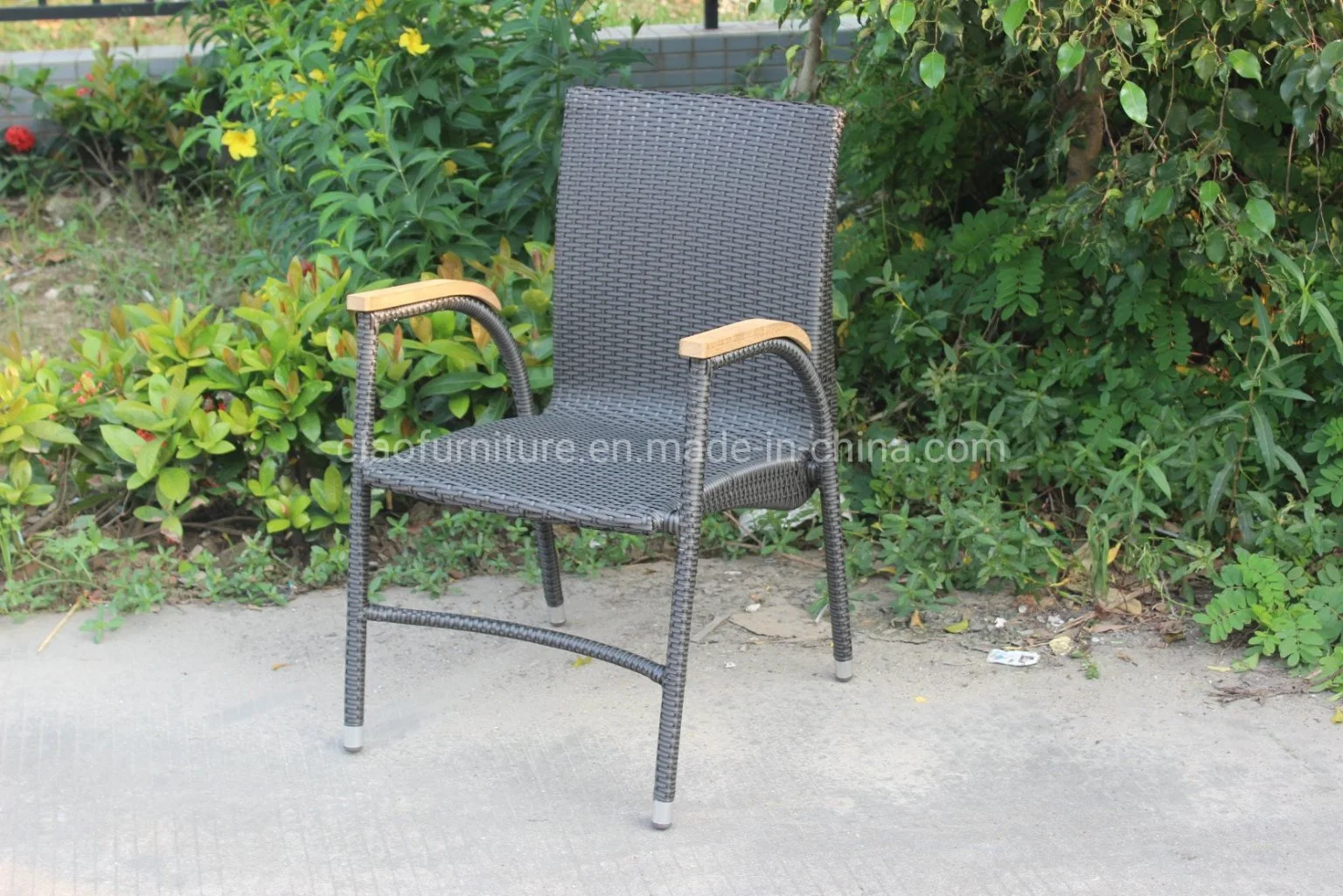 5PCS Garden Rattan Dining Set Outdoor Furniture with Teakwood Arm