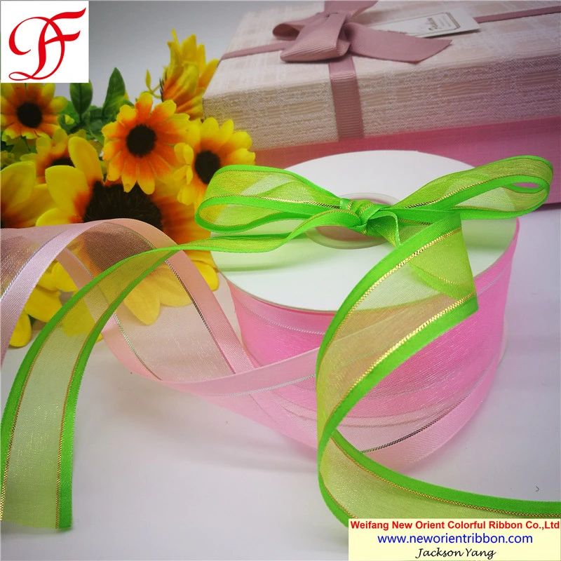 100% Nylon Satin Edge Organza Ribbon with Metallic Trims for Wrapping/Decoration/Xmas/Bows/Garment/Gift Decoration From Factory Directly