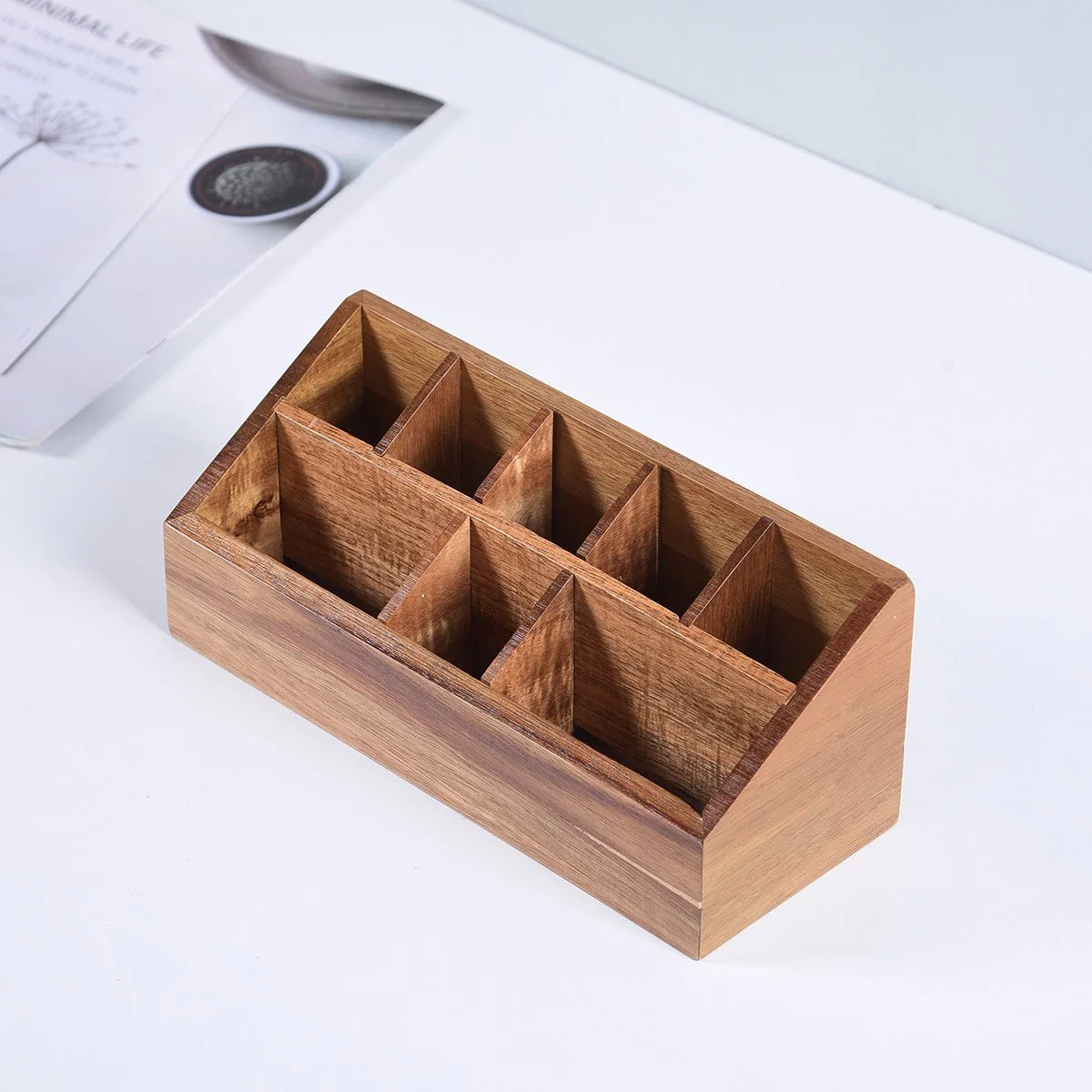 Multifunctional Bamboo Cosmetic Organizer Wood Makeup Box with 8 Storage Compartments.