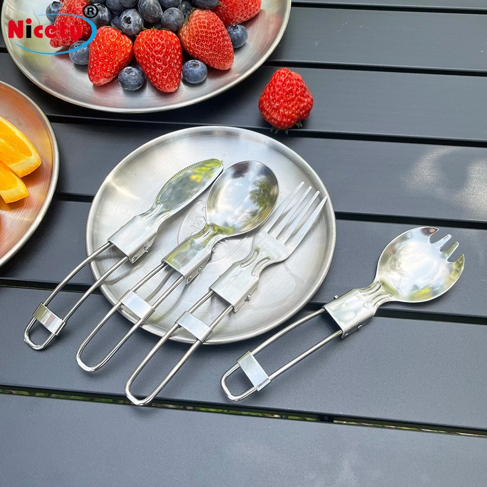 Korean Foldable Stainless Steel Portable Camping Travel Cutlery Set Fork and Spoon for School Kids Students