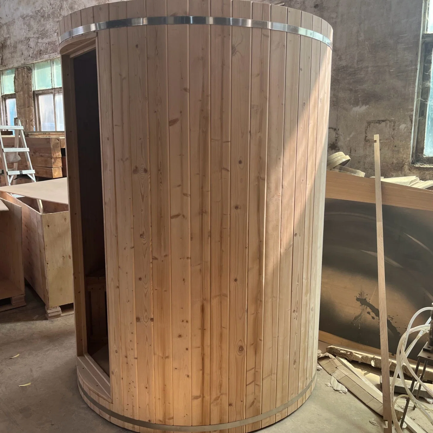 Semi-Finished Product and Installation One Single Round Pine Sauna Room