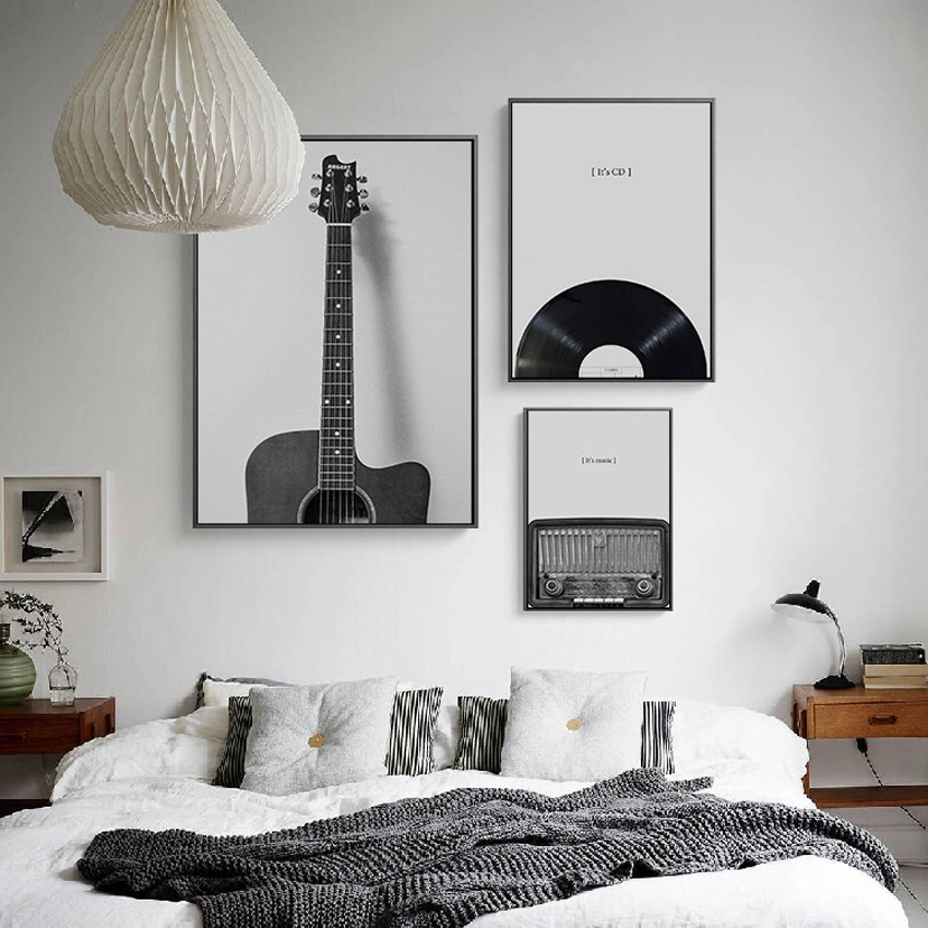 Sala de pintura a óleo de lona de decoração em preto e branco clássico de rádio de guitarra emoldurado Wall Art