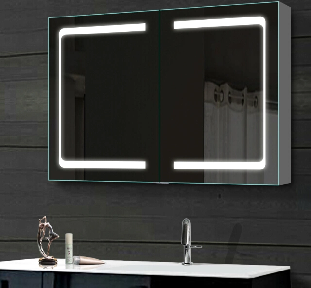 Advanced Furniture Bathroom Kitchen Single Double Door Frontlit Mirror Cabinet with Tempered Glass Shelf