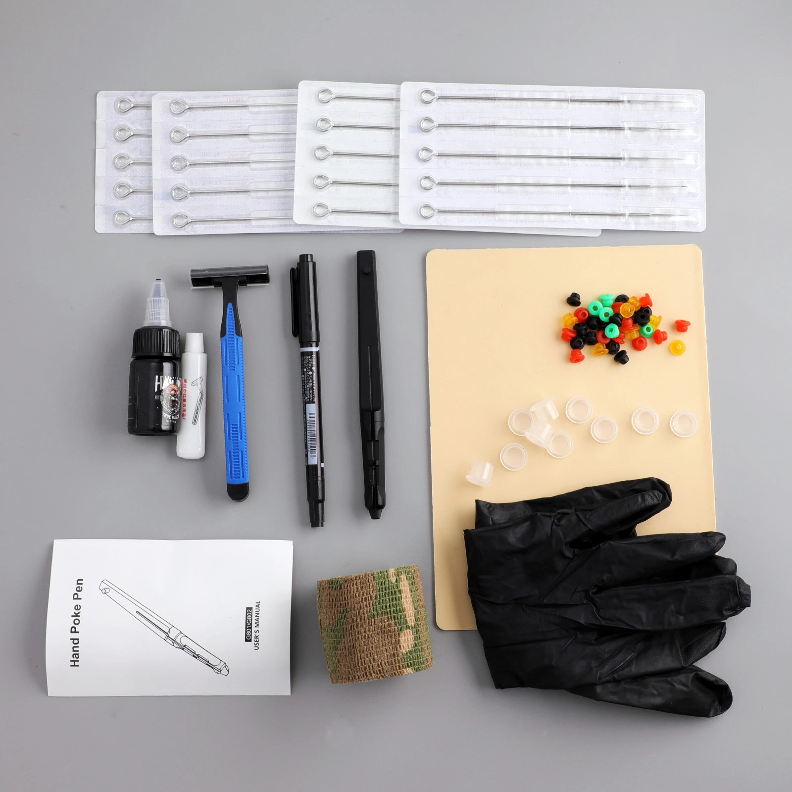 Kit de agulha de mão de tatuagem tradicional preto com acessórios para agulhas de tinta Conjunto para corpo Arte mão Poke Stick Tattoo Principiante prática