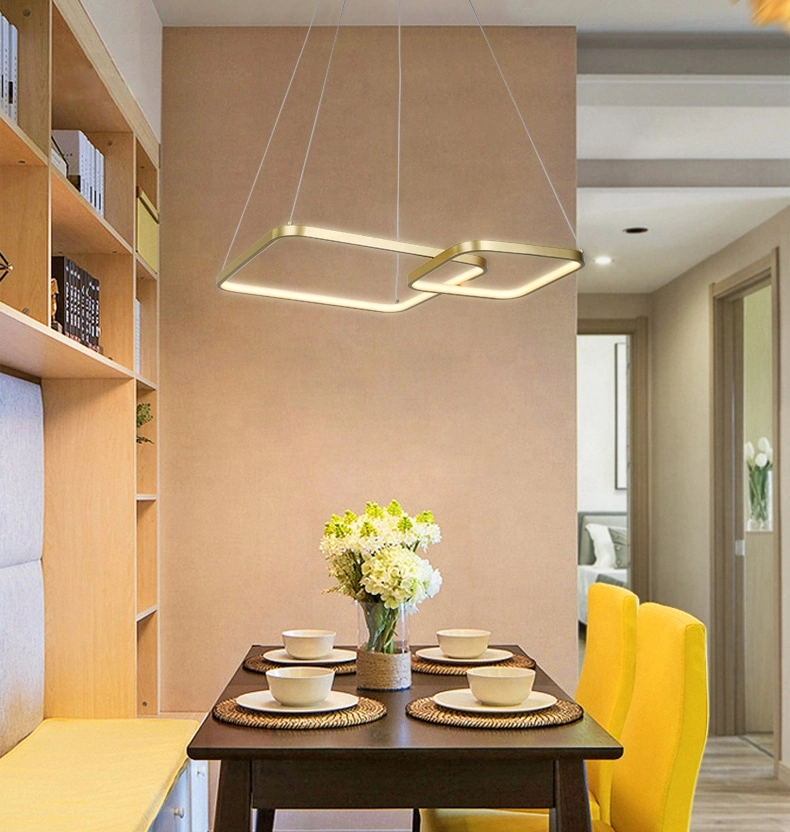Unique Fashion Villa Bedroom Indoor Decorative Gold Square Ring LED Chandelier Pendant Light