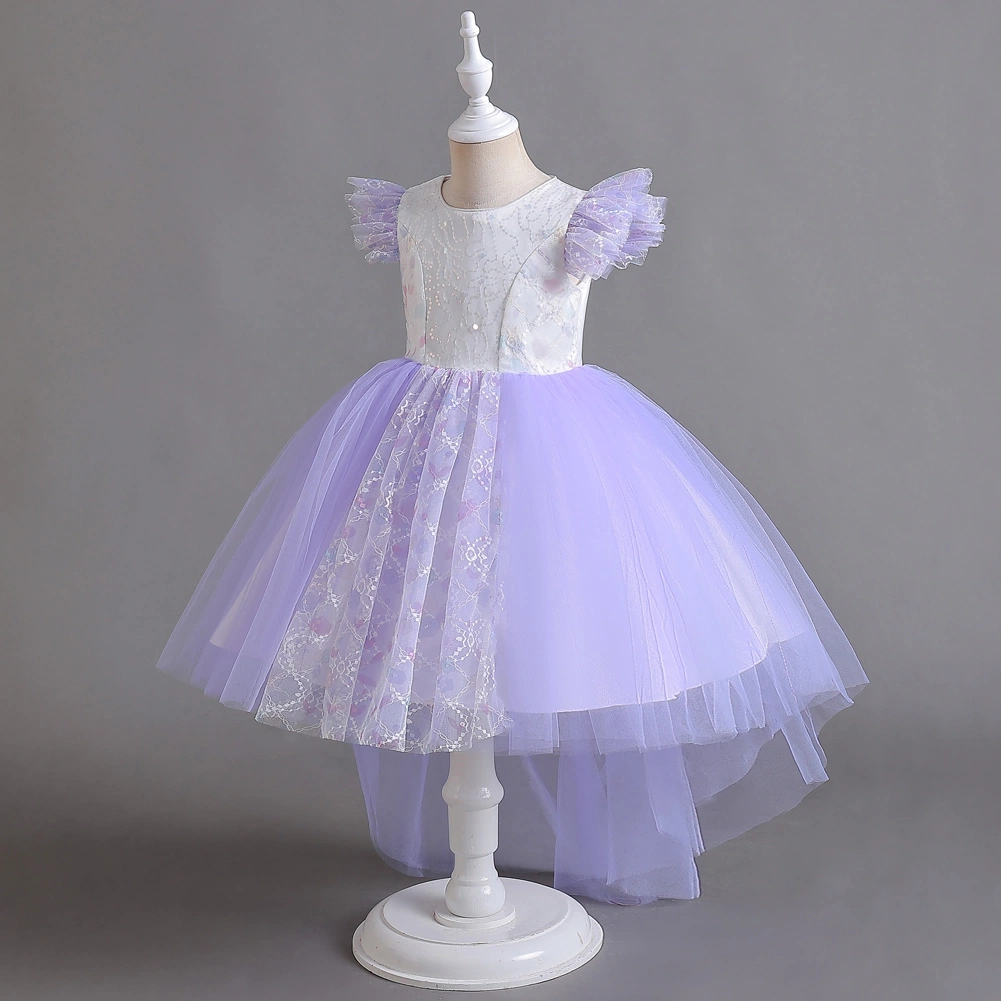 Estilo occidental largo encaje chica vestir de boda Rosa suave Banquete niños Princesa vestir elegante niños Prom Dresses para 3-12y