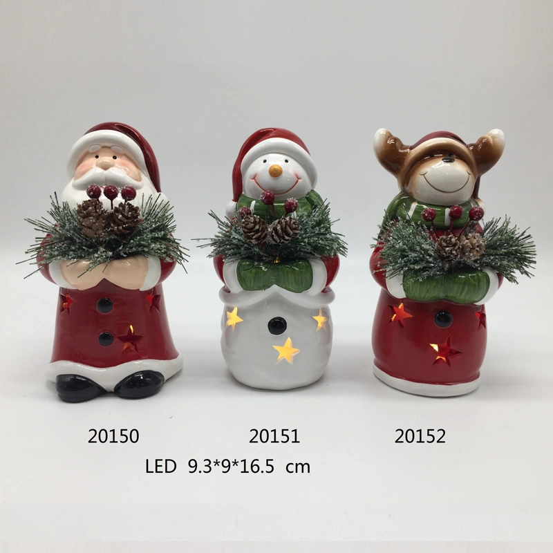 Santa &Snowman Christmas Assortment Lighting Decoration in 2 Colors, Ceramic Festival Crafts with Berry Leaf