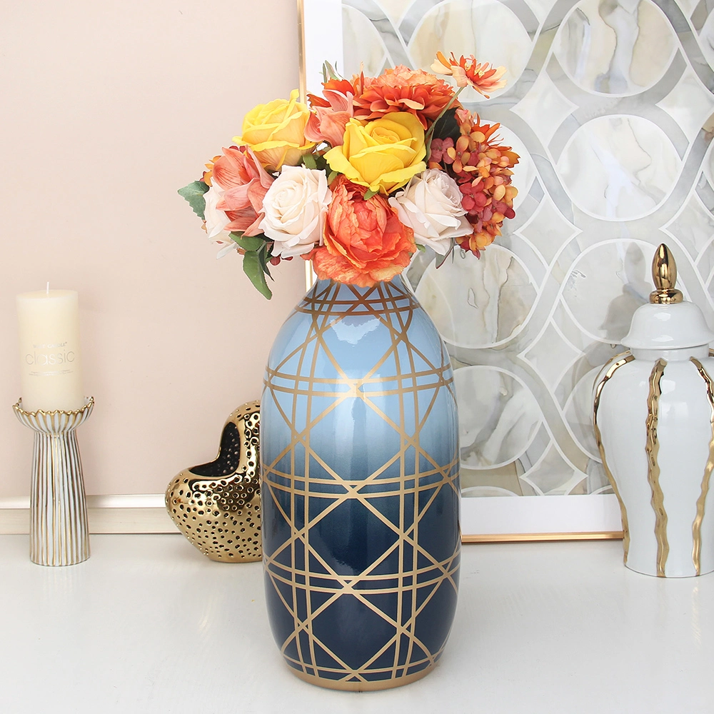 V124 Modern Home Decoration Tabletop Color Gradient Flower Vase Ceramic & Porcelain Blue Vase with Gold Line Design