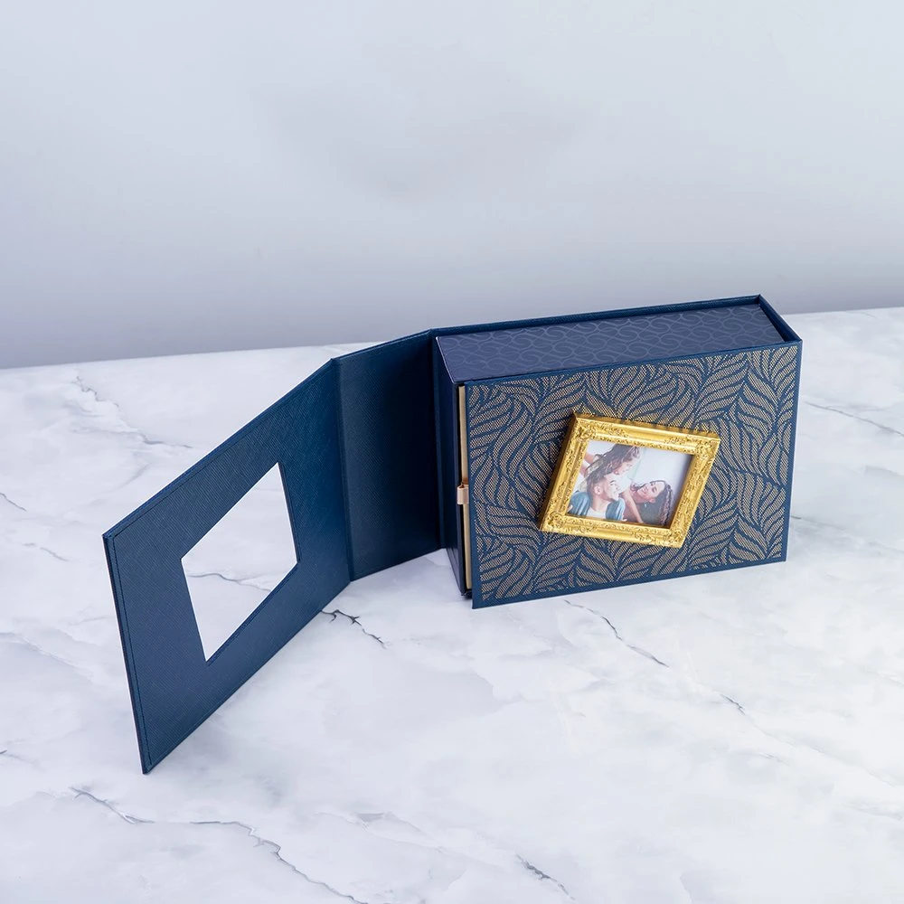 PU Wrapped Golden Photo Frame Paper Box with Double Layer Tray