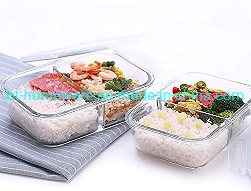 580ml 980ml 1380ml 196oz 32oz 46oz Recipiente de Armazenamento de Alimentos Retangular de Vidro com Divisória e Tampa com Trava para Sobras Micro-ondas Forno Lava-louças Congelador - Livre de BPA