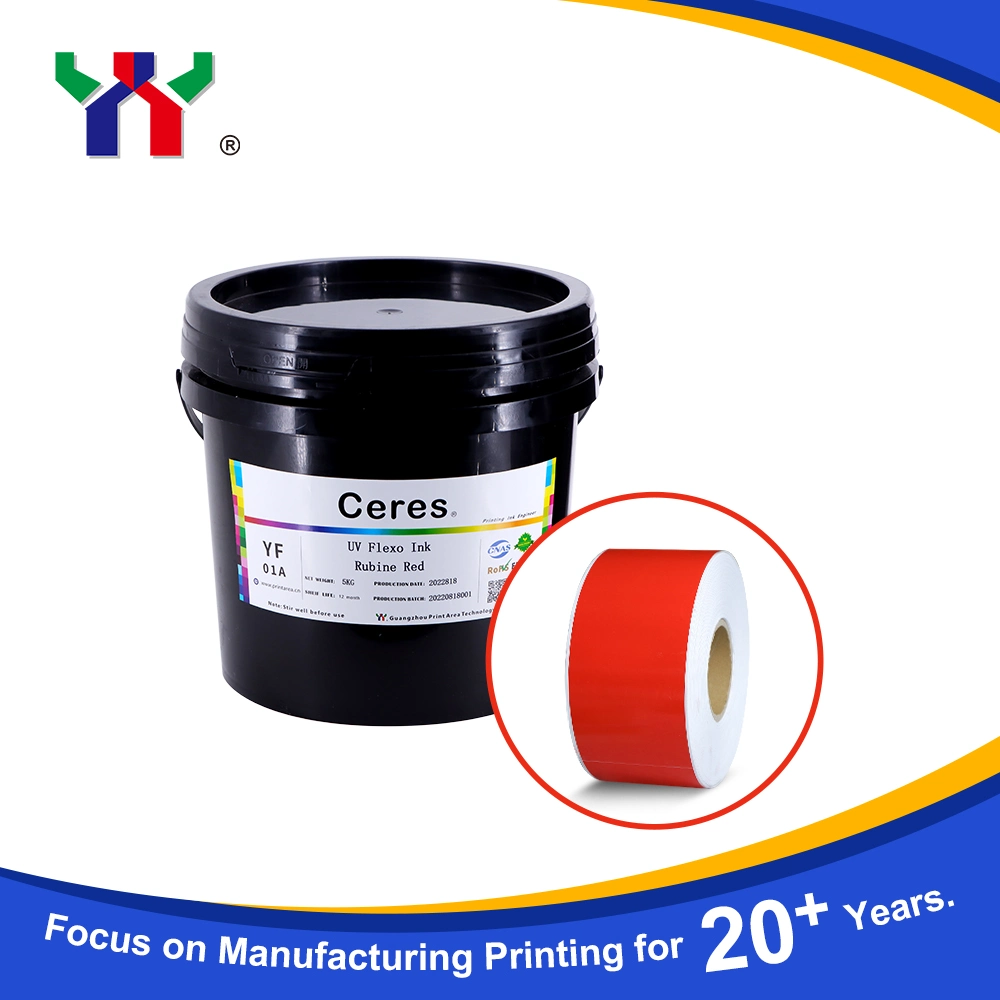 Tinta Flexo UV/LED de alta calidad Ceres fuerte Fuerza adhesiva para impresión de papel y etiquetas (PP, materiales PET), Color Rubine Red 5kg/Barrel