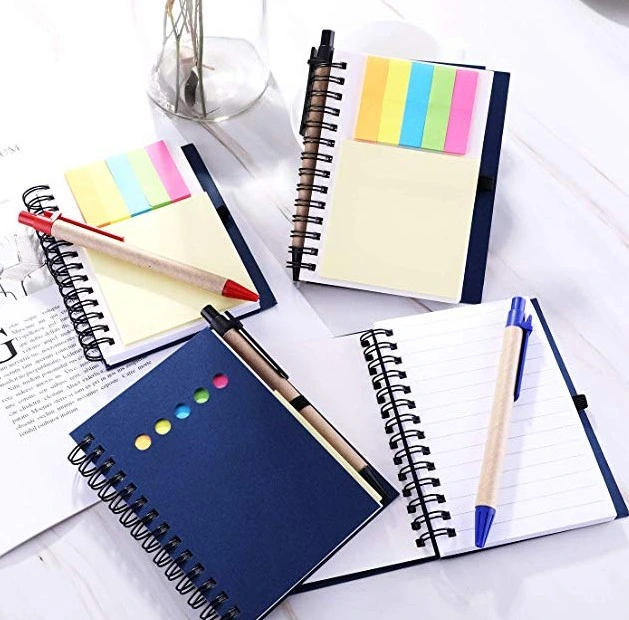 Kraft Paper Pocket Business Notebook Spiral Lined Notepad Set with Pen in Holder, Sticky Colored Notes Page Marker Tabs (Blue Cover)