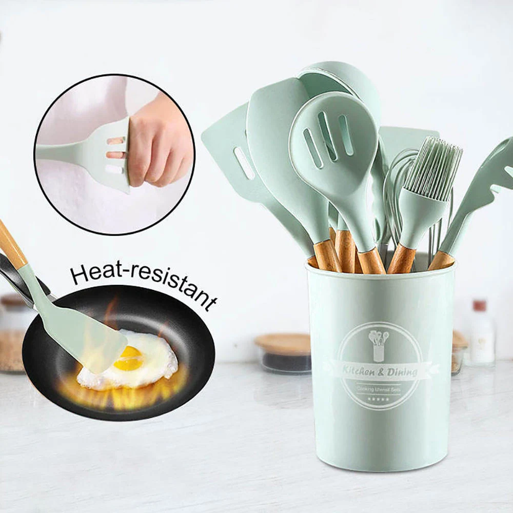 12PCS/Set Food Grade Silicone Kitchen Tools Set with Wooden Handles Kitchenware