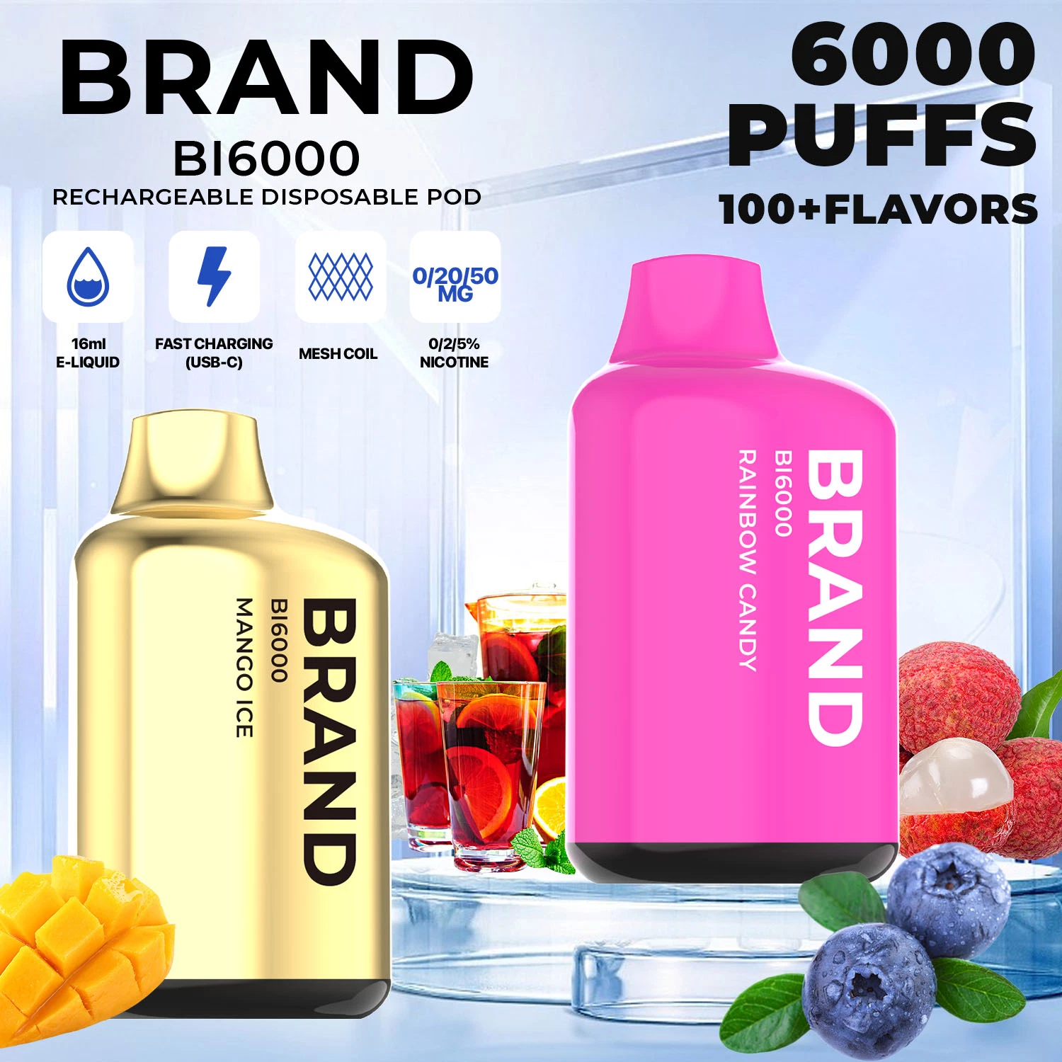 2023 Hidi OEM ODM marca particular Branco rótulo recarregável 12 Pano descartável Flavours 6000, núcleo de malha cerâmica,	embalagem de Vape