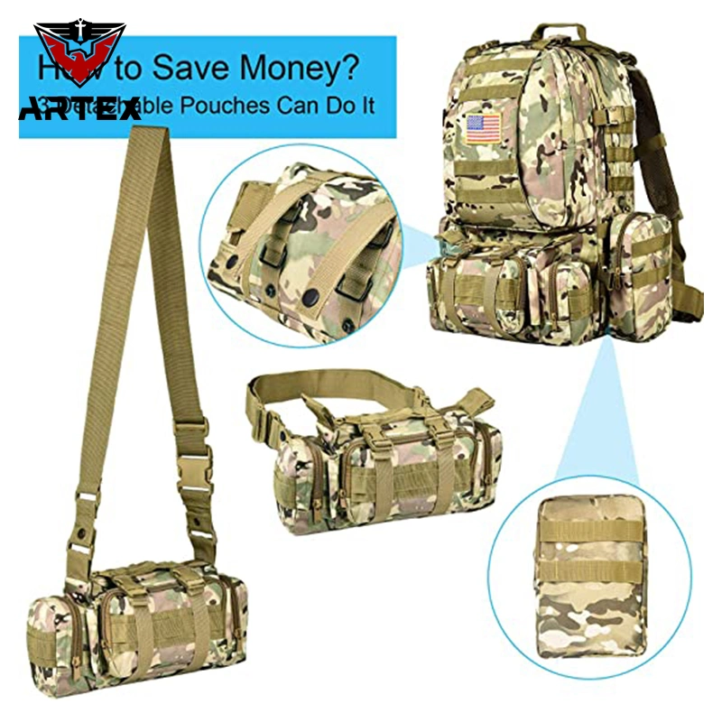 Customize Tactical Backpack Military Army Rucksack 60L Large Assault Pack Detachable Molle Bag OEM