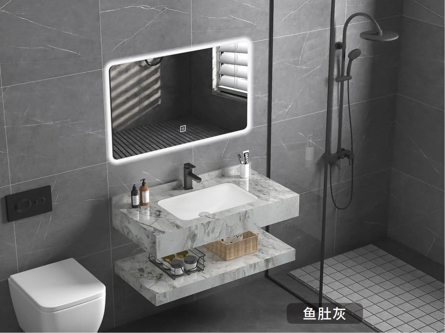مرآة مضيئة لأثاث الحمام مع خزانة وحوض صخري