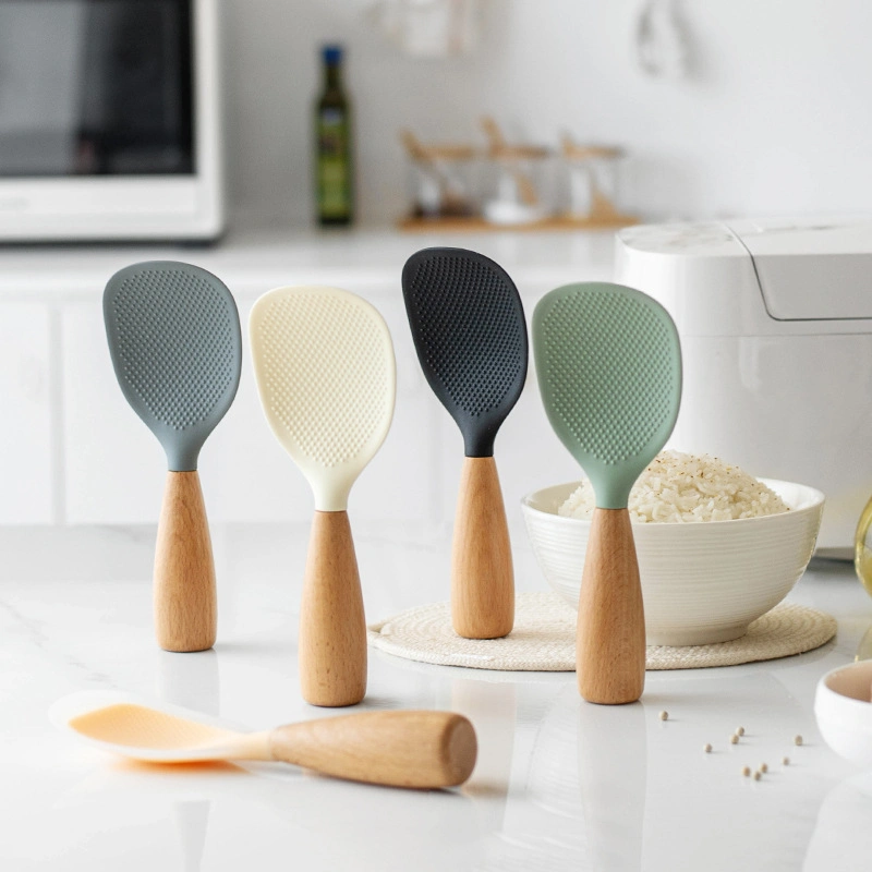 Creative Vertical High Temperature Resistant Silicone Rice Wood Handle Non-Stick Rice Spoon