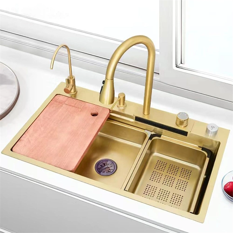 Luxury Hot Sale Modern Handmade 304 Stainless Steel Undermount Kitchen Sink with Wear-Resistant Nano-Brushed Finish, Waterfall Faucet Gold Kitchen Wash Sink