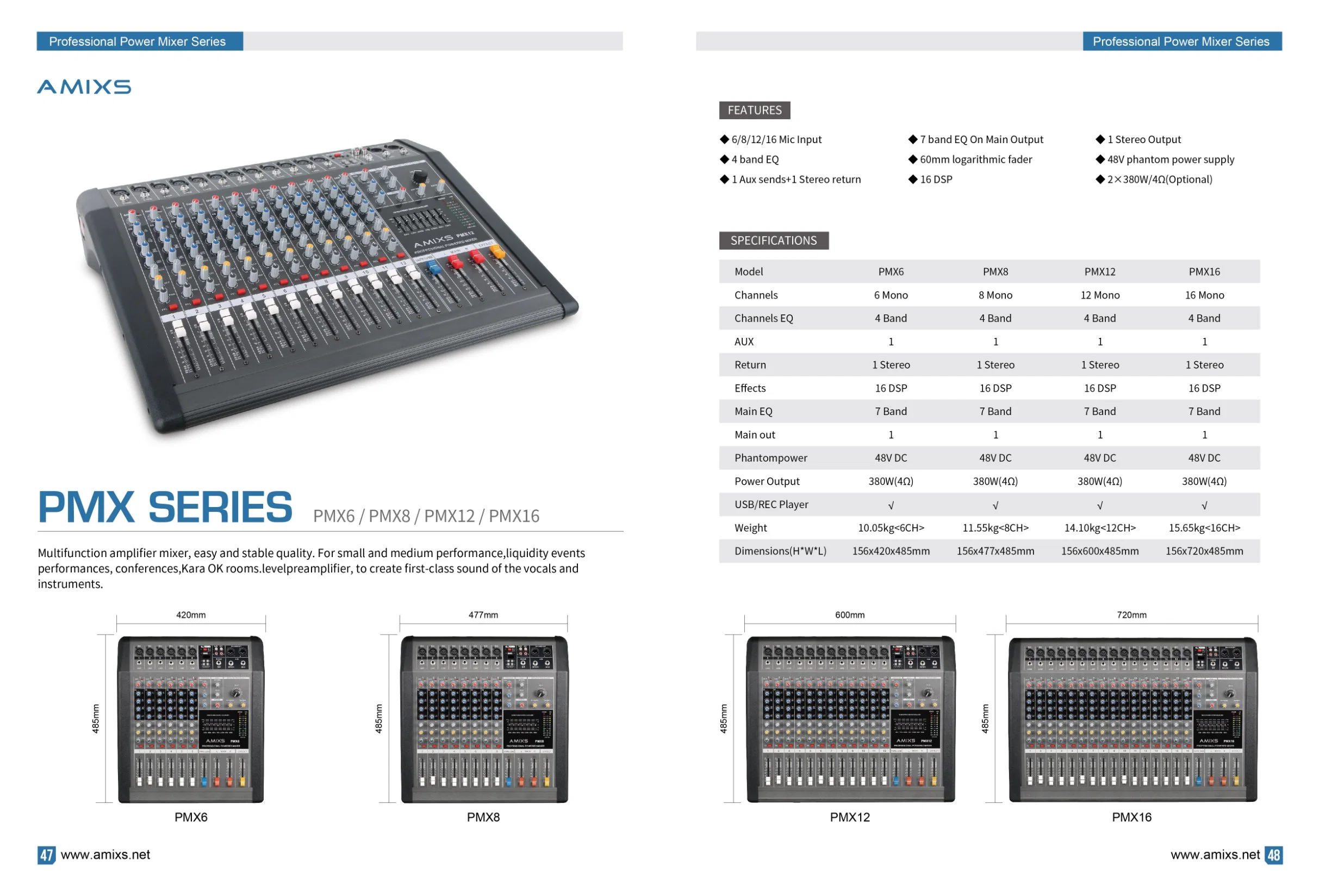 Professioneller Pmx12 12-Kanal-DJ-Mixer Mickle mit 380W+380W Power Audio Bluetoeth Sound Mixer Audio Karaoke Phantom Power 48V USB-Buchse