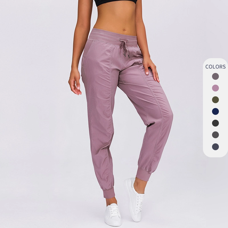 D19052 Women Fashion Woven Loose Fit Sports Joggers with Pocket Adjustable Drawstring Fitness Pants