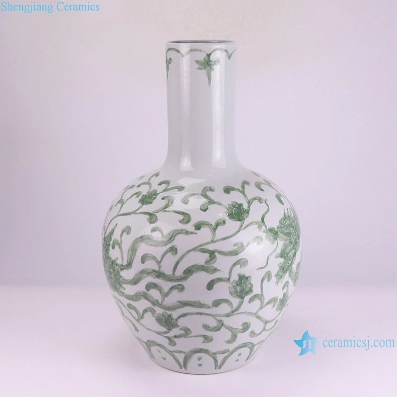 Chinese Dragon and Phoenix Pattern Green and White Color Ceramic Ball Globular Vase