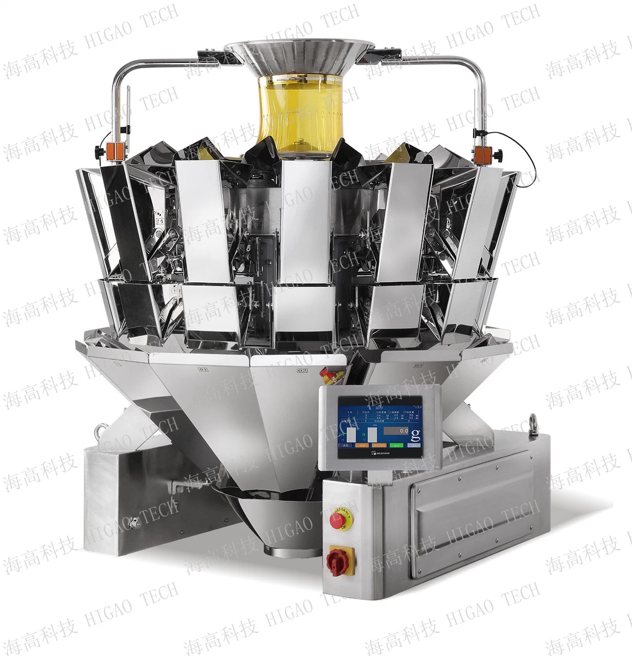 14-jefes combinación multiterminal Weigher con máquina de embalaje Bolsa de refuerzo de almohadas Aperitivos Frutos secos Hierbas Chips de verduras frutas