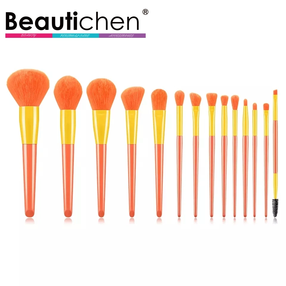 Beautichen Logotipo personalizado 14 piezas de Fibra Suave cabello todos los Multi Color Pinceles maquillaje cómodo manejo Juego de cepillos de maquillaje