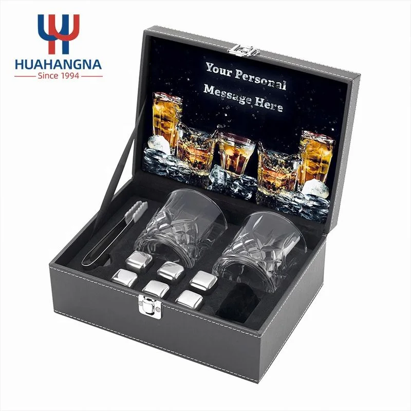 Amazon Bar Zubehör Edelstahl Chillling Metal Whiskey Eiswürfel Und runde Whisky Gläser in Leder Geschenkbox