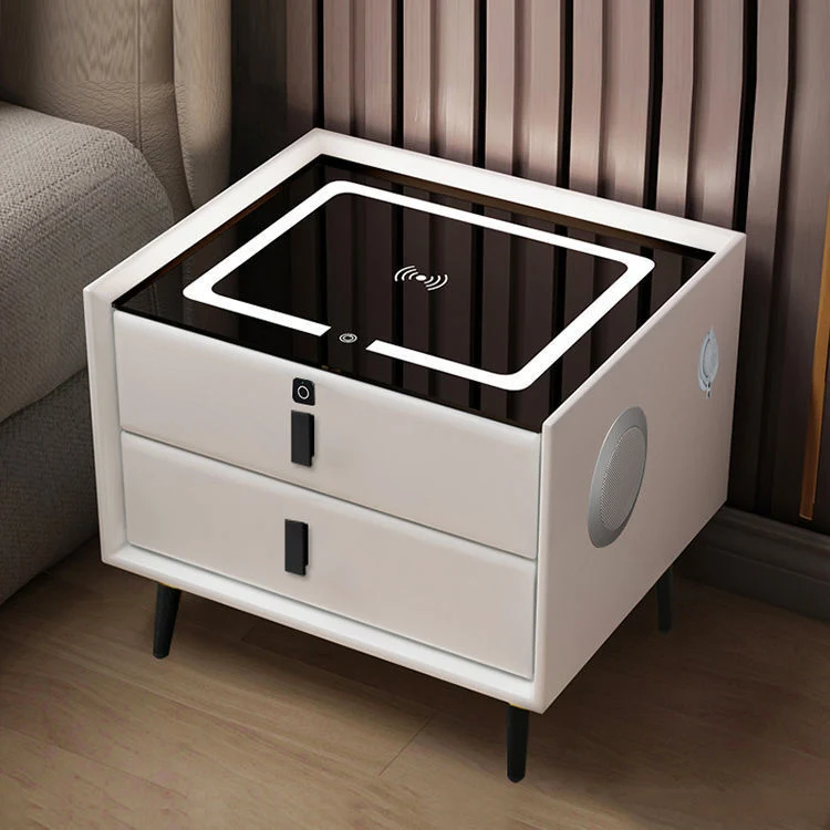 Wholesale Modern Hotel MDF Bed Side Tables Wireless Charging Night Stand Wood Home Bedroom Furniture Luxury Wooden LED Smart Bedside Table
