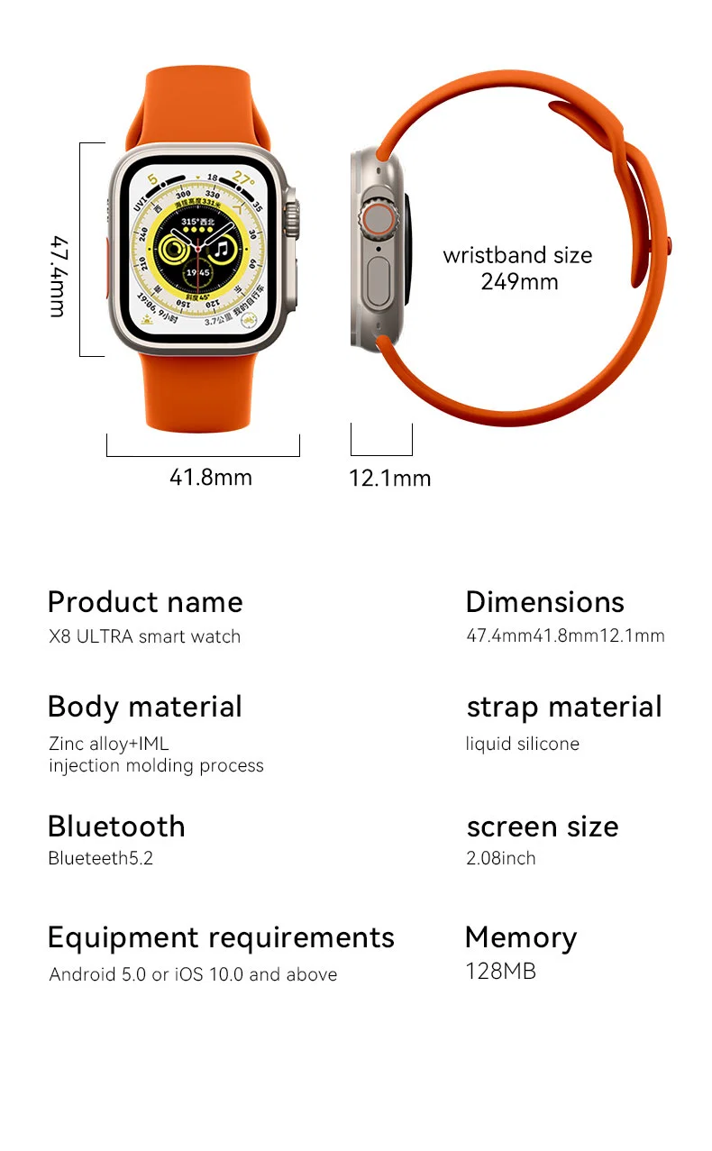 2023 Wholesale/Supplier Custom X8 Ultra 2.08 Touch Screen BLE Waterproof Call Bluetooth Music Video Series 8 S8 Smart Watch Phone for Apple Android