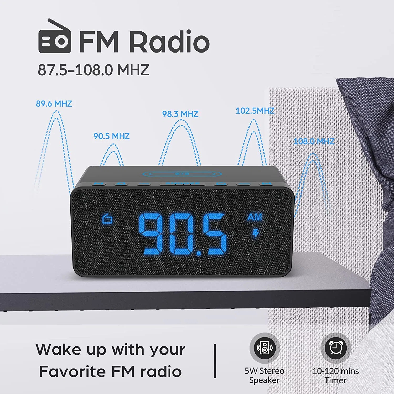 Radio FM PLL digital Soporte inalámbrico USB de carga y reloj despertador