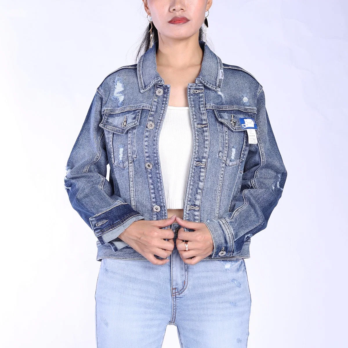 Custom Vintage Blue Ripped Design Plus Size Long Sleeve Women Denim Jackets