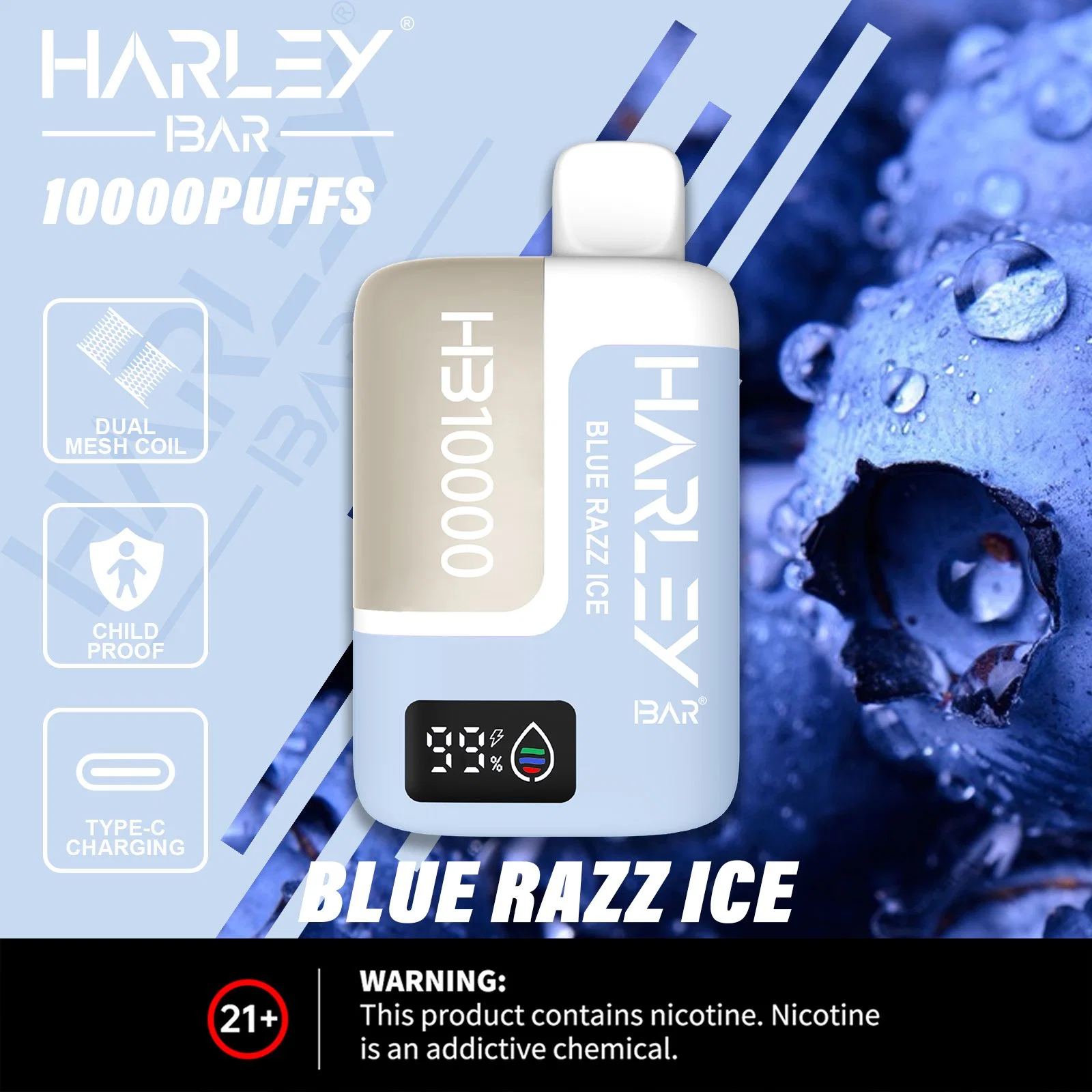 Harleybar Hb10000 Puffs descartáveis Vape Dual Mesh Coil and Child Prova Lock Snus tabaco