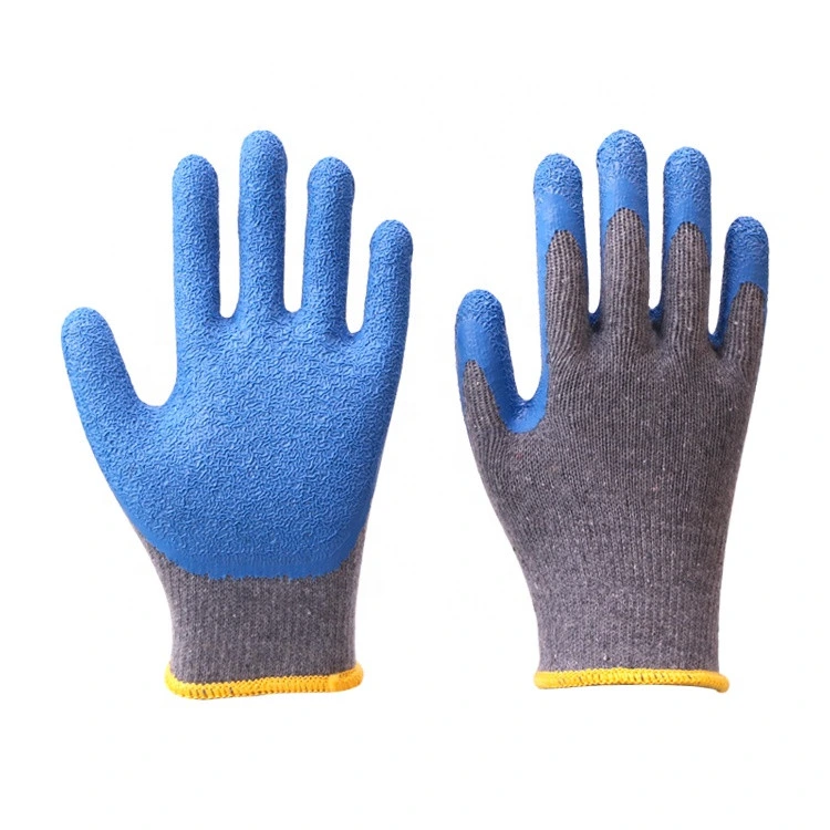 Blue Latex Grey Cotton Yarn Crinkle Finished Latex Coated Cotton Wrinkle Gloves