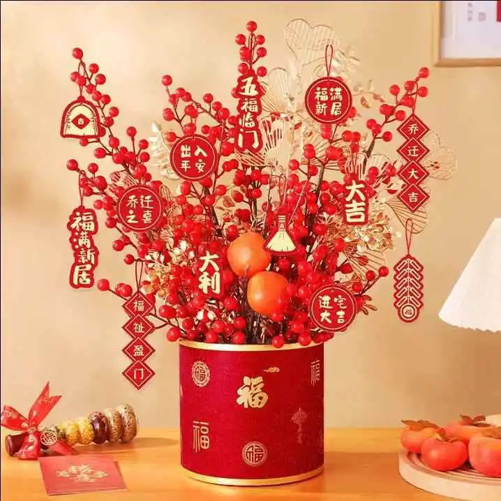 Christmas New Year DIY Floral Art Plant Red Berry Stems Branches Artificial Flower